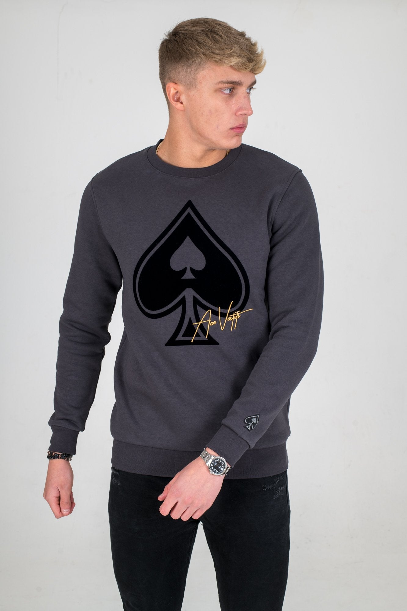Ace Flocked Spade Sweatshirt - Magnet Grey - ACE VESTITI